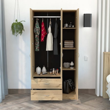 Tuhome Austral 3 Door Armoire with Drawers, Shelves, and Hanging Rod, Light Oak/Black CDW6598